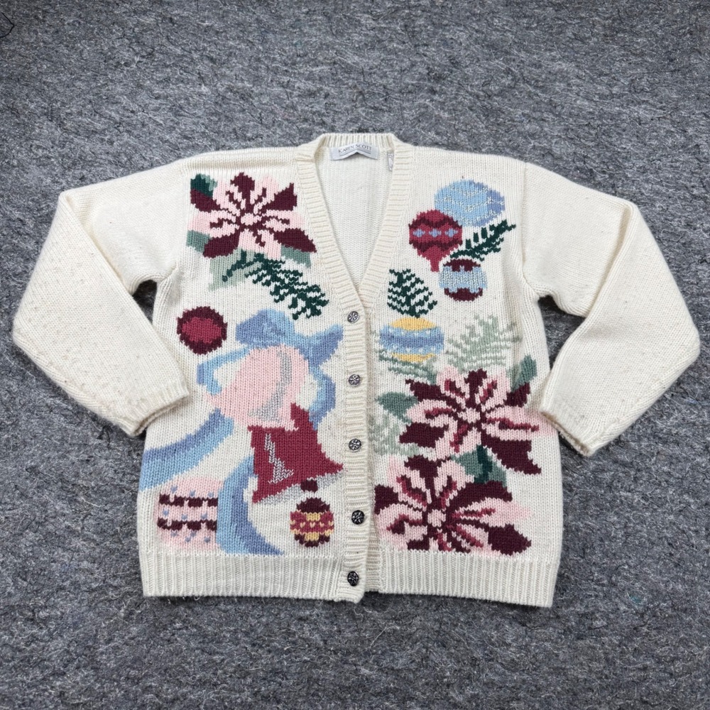 Karen Scott Vintage Christmas Cardigan Sweater Poinsettia Ornament Cream Small